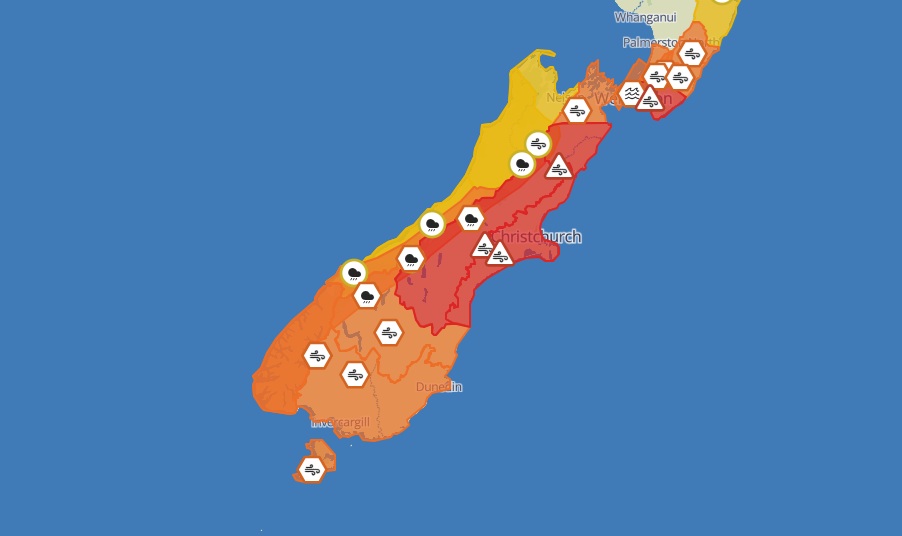 MetService has a raft of severe weather warnings in place for the South Island. Image: MetService