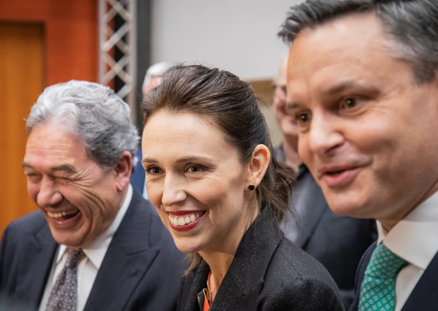 The coalition leaders - NZ First's Winston Peters, Labour's Jacinda Ardern and James Shaw from...