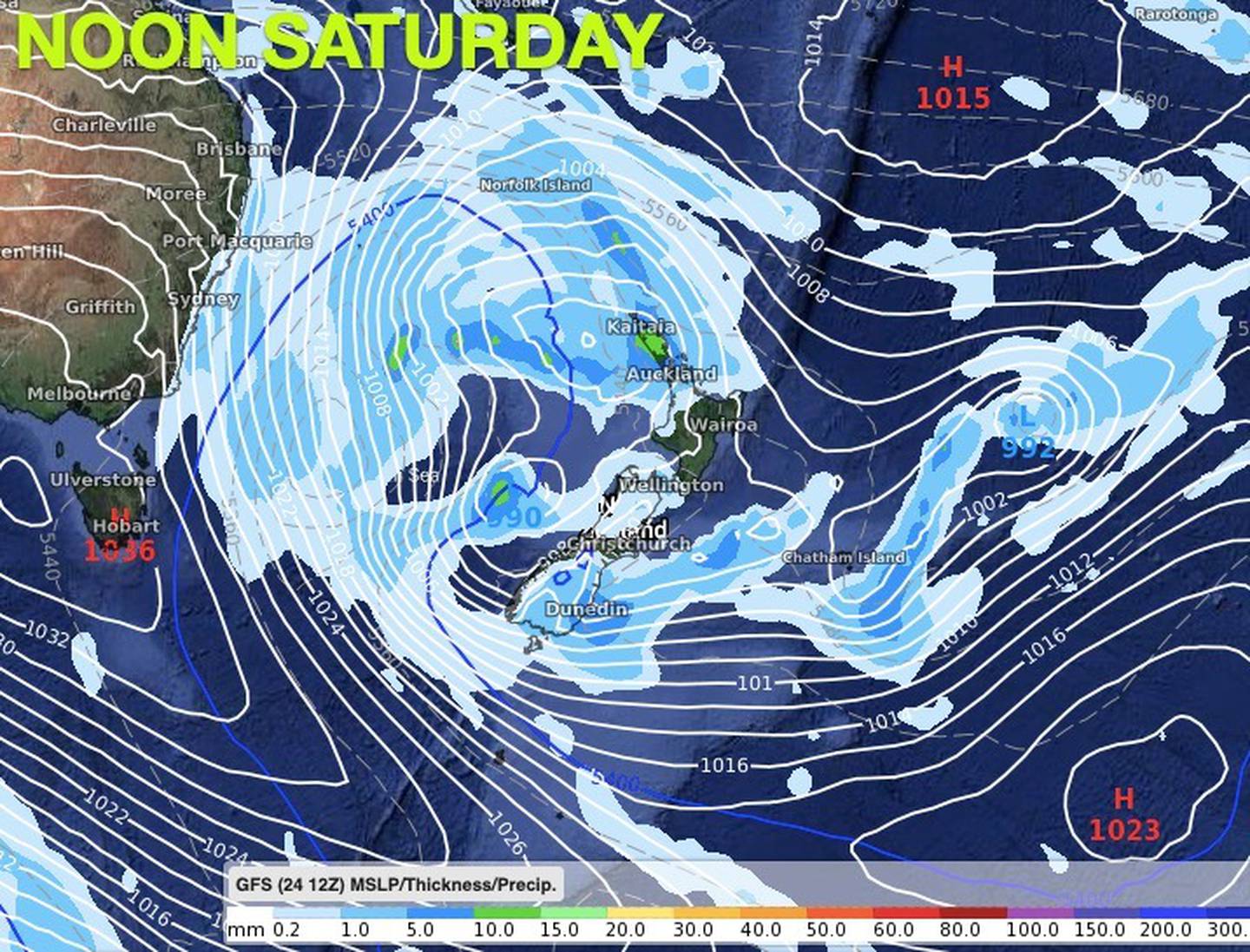 The storm as it is currently forecasted to be at noon on Saturday. Photo: weatherwatch.co.nz