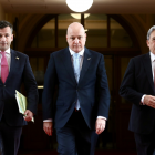 The three coalition leaders arrive for the announcement. Photo: NZ Herald